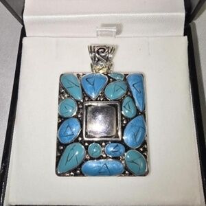 Vintage Turquoise Pendant in box in Square design-1.75 in Drop Jewelry Fashion